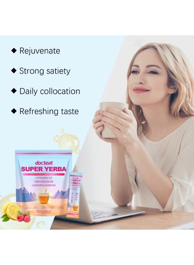 دوكتيت Docteat Super Mate Tea Raspberry Lemon Flavor - 30 كيس مشروب طاقة منخفض السكر يخفف من التعب وينشط ويمنع النعاس - مكمل غذائي غذائي - Image 2